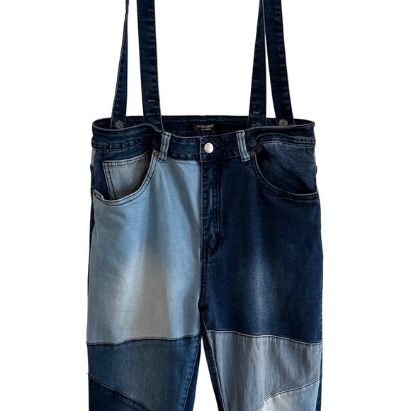American Bazi Multi Blue Patchwork Denim Bell Bottoms Suspenders Boho Hippie L - Picture 6 of 8